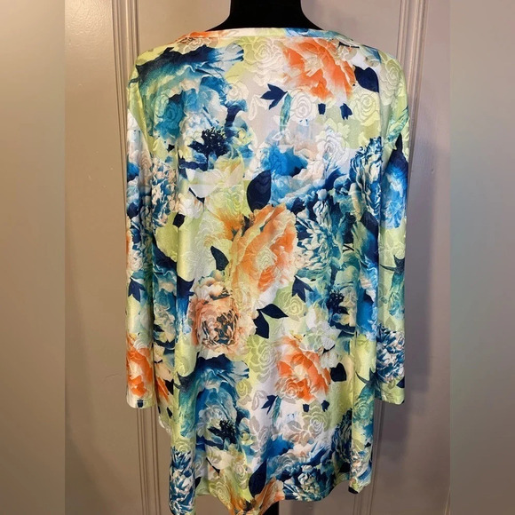 Ruby Rd. Floral Print Scoop Keyhole Neck 3/4 Sleeve Top Size Large - Picture 4 of 10